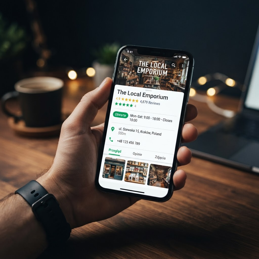 Wizytówka firmy w Google z wysoką oceną gwiazdkową i licznymi opiniami klientów wyświetlona na smartfonie