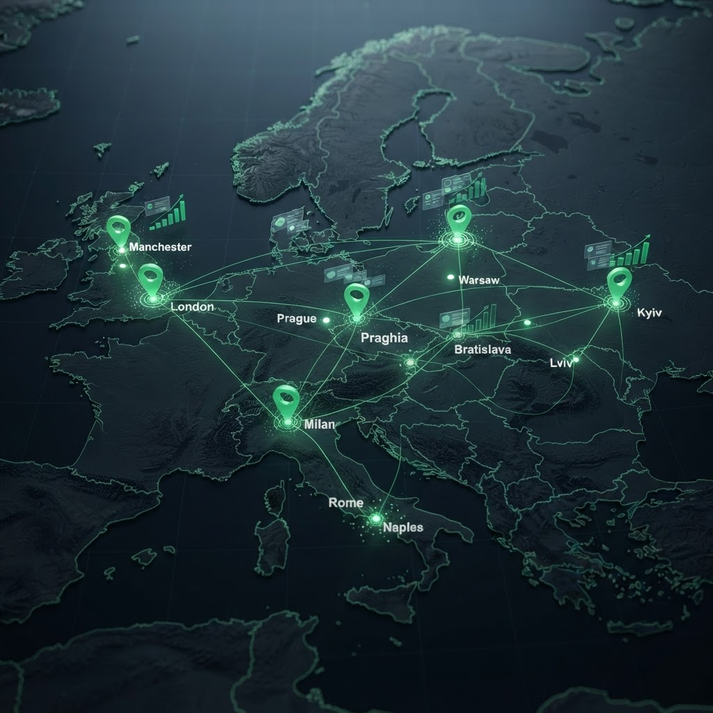 Map of Europe with highlighted cities and green SEO location markers