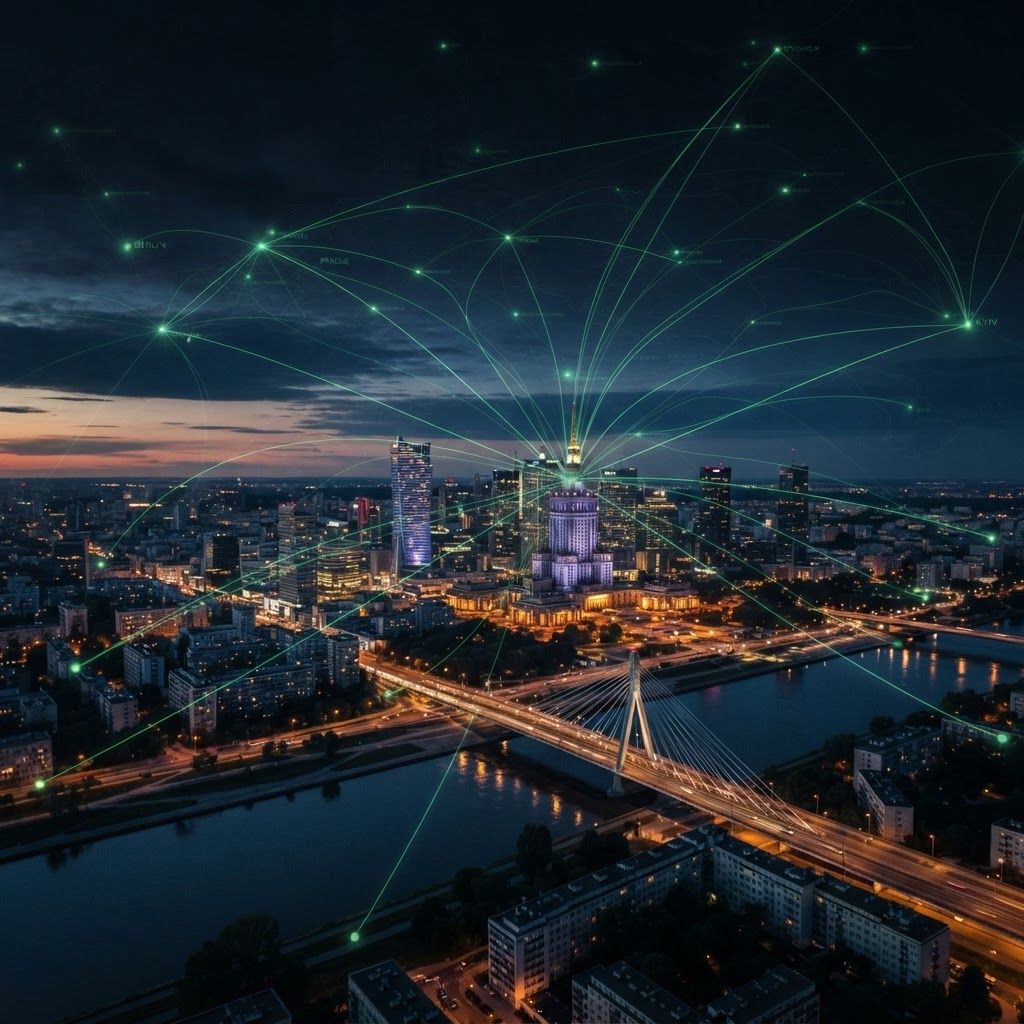 Map of Poland with major cities highlighted and digital growth icons