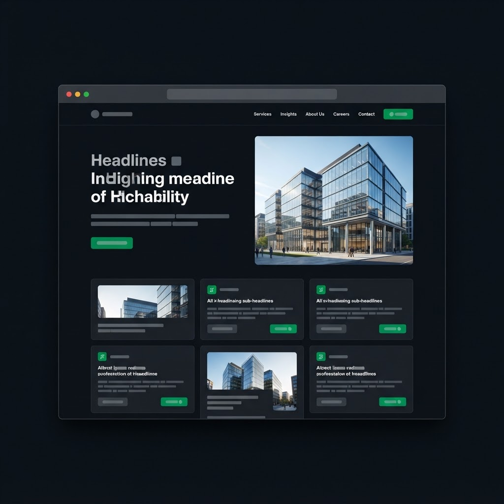 Example website for a professional services company with a dark theme and green accent